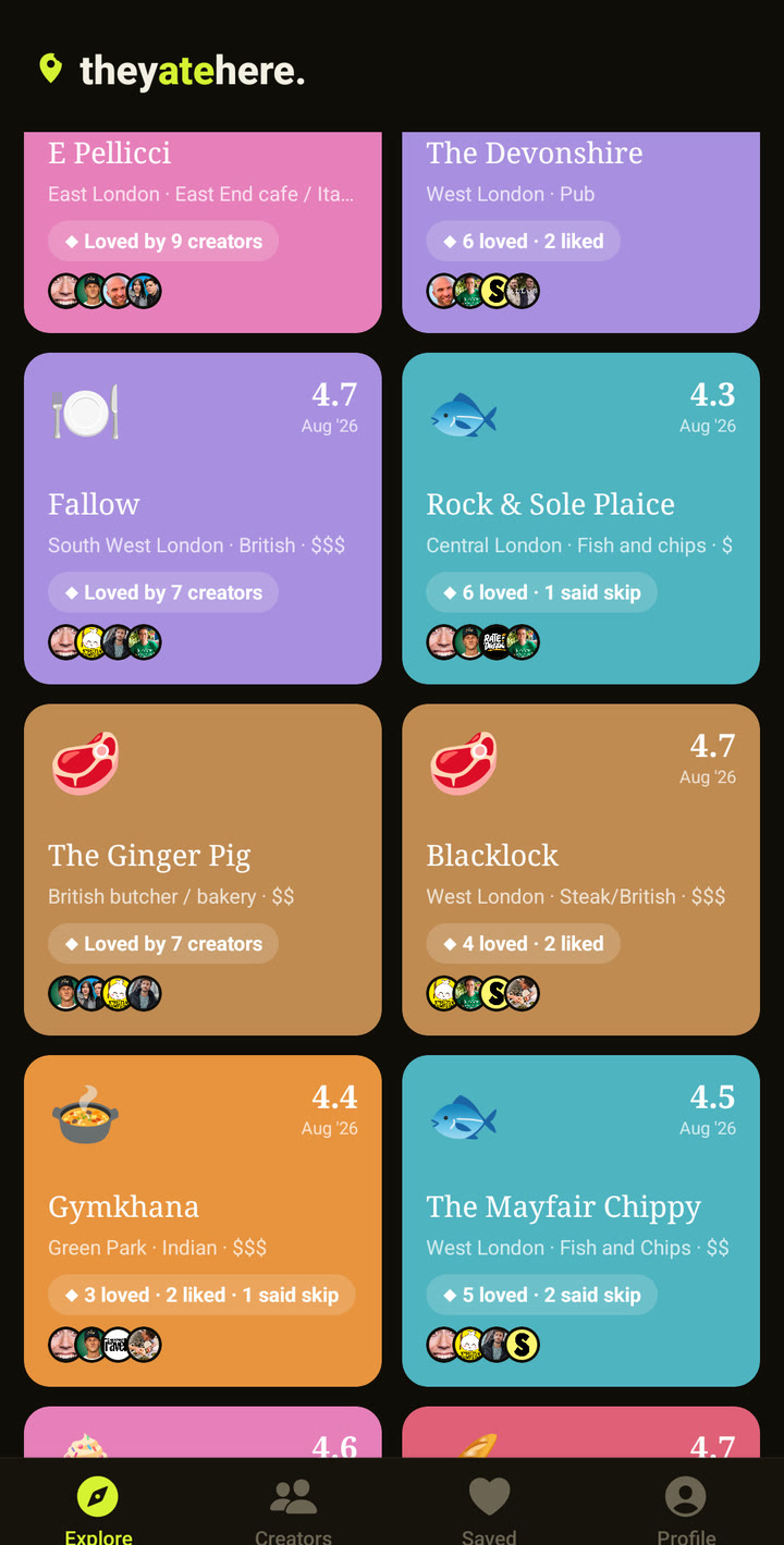 TheyAteHere restaurant list with cuisine colour labels.