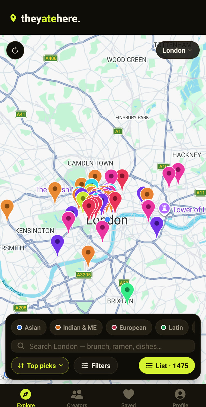 TheyAteHere app map showing food stops across London, one of over 100 cities mapped.